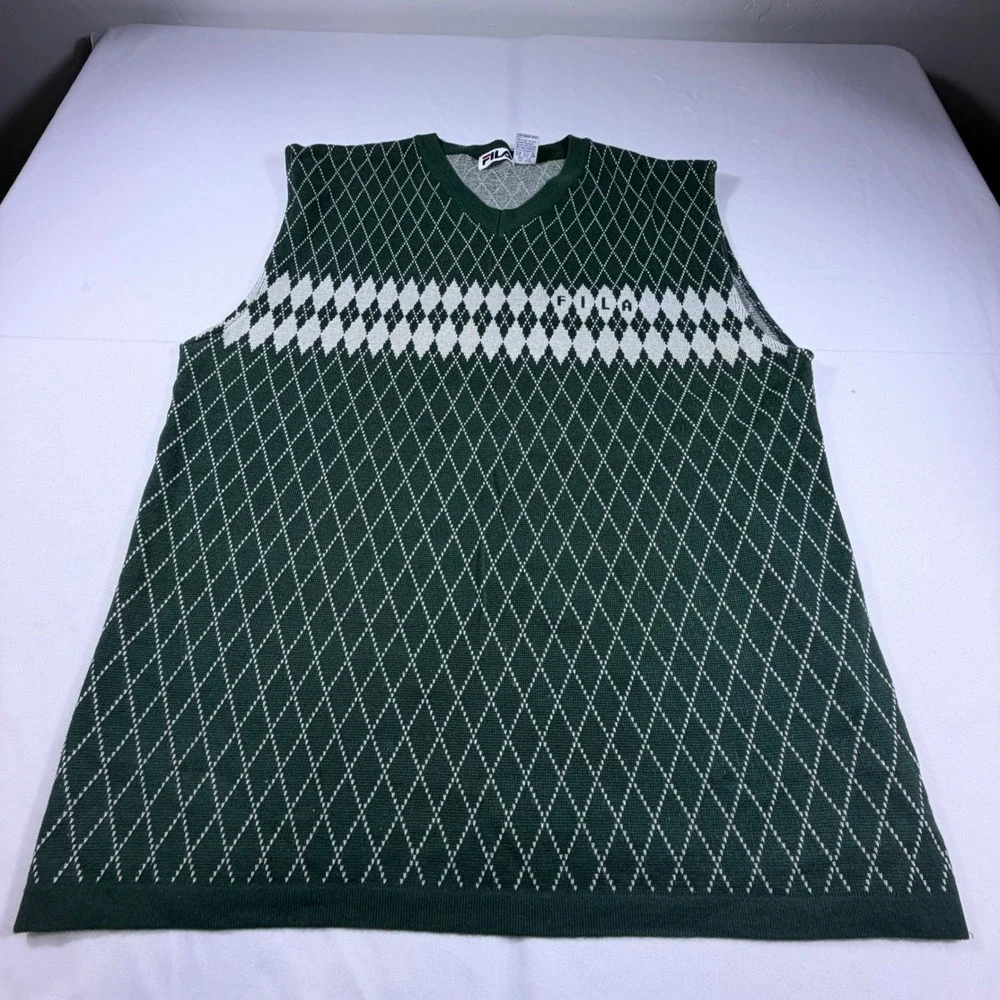 Fila‎ Mens XL Argyle Sweater Vest Forest Green White V-Neck Knit Cotton Blend